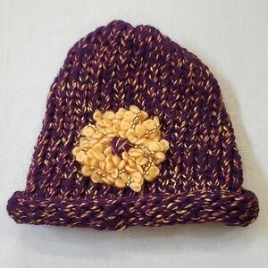 Loom Knit Roll Brim Hat Purple & Gold with Flower